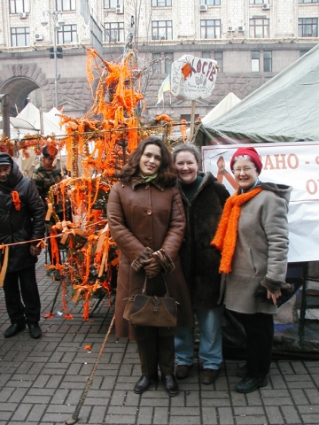 Kiev, Ukraine:  Photo Loulie Kent, with daughter, and daughter-in-law on the Maidon (Revolutionary Square) during the Orange Revolution. (George behind camera) 