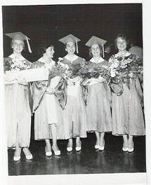 Class graduation photo of Judi Fowler, Armida DeSantis, Kathy Ryan, Margie James, and Danilee Gorman