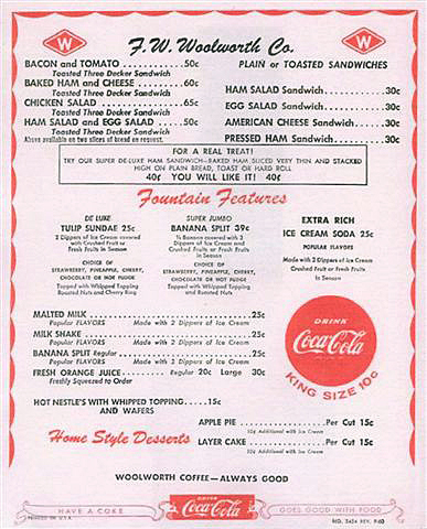 Woolworth's Sandwich Menu Circa 1957